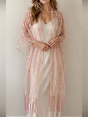 Vintage Collection XIIX Sheer Embroidered Fringe Scarf Pink 72x22